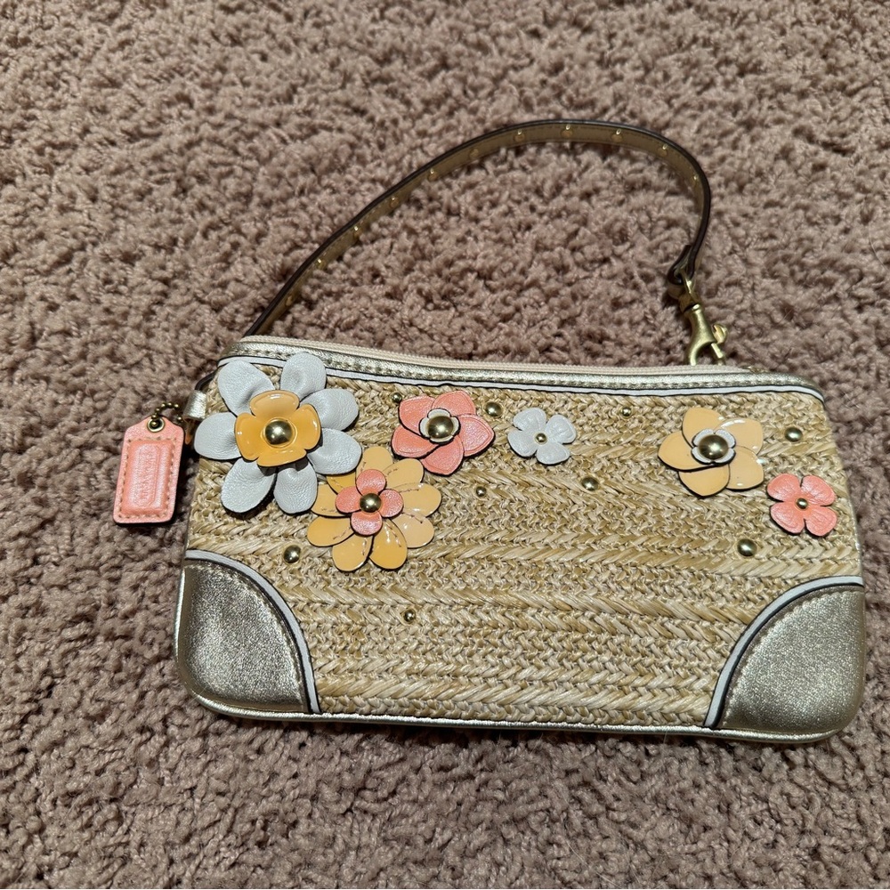 Coach Floral Embellished Wristlet in Tan and Silver